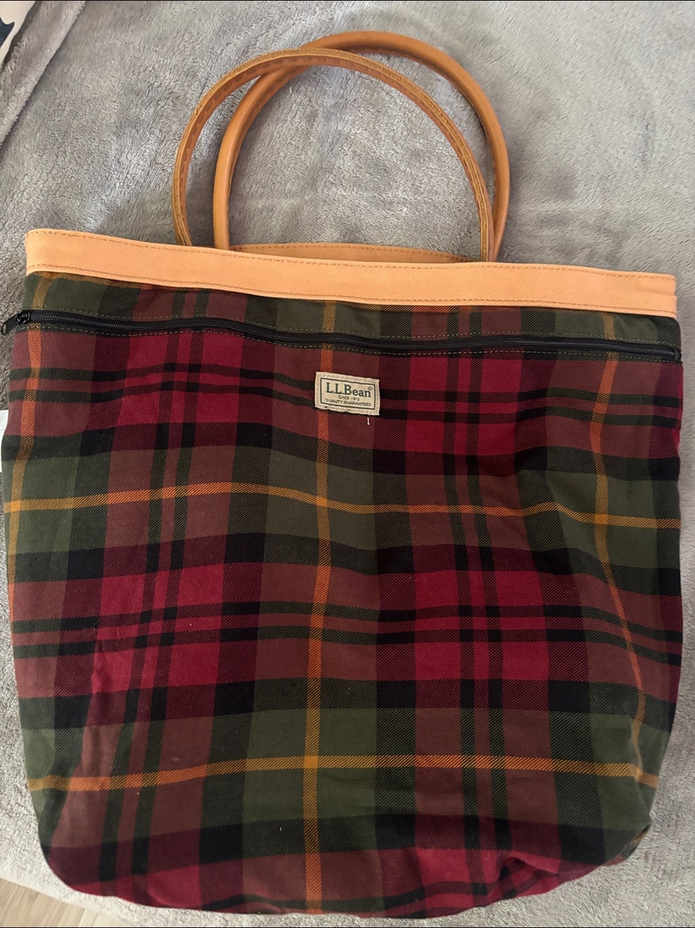LL BEAN Boat & Tote Bag Full Grain Leather Handles vintage Khaki/Green - Picture 7 of 15